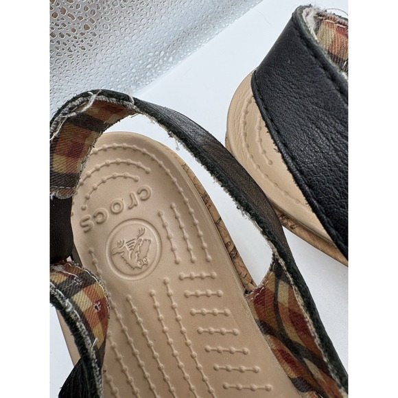 Crocs A-Leigh Black Leather Slingback Cork Wedge Sandals Size W8 - Picture 2 of 8